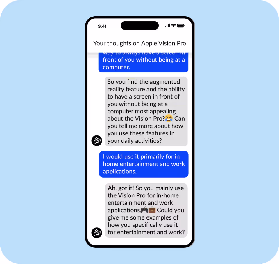 a phone mockup showing conversation between streetbees questionnaire and the user